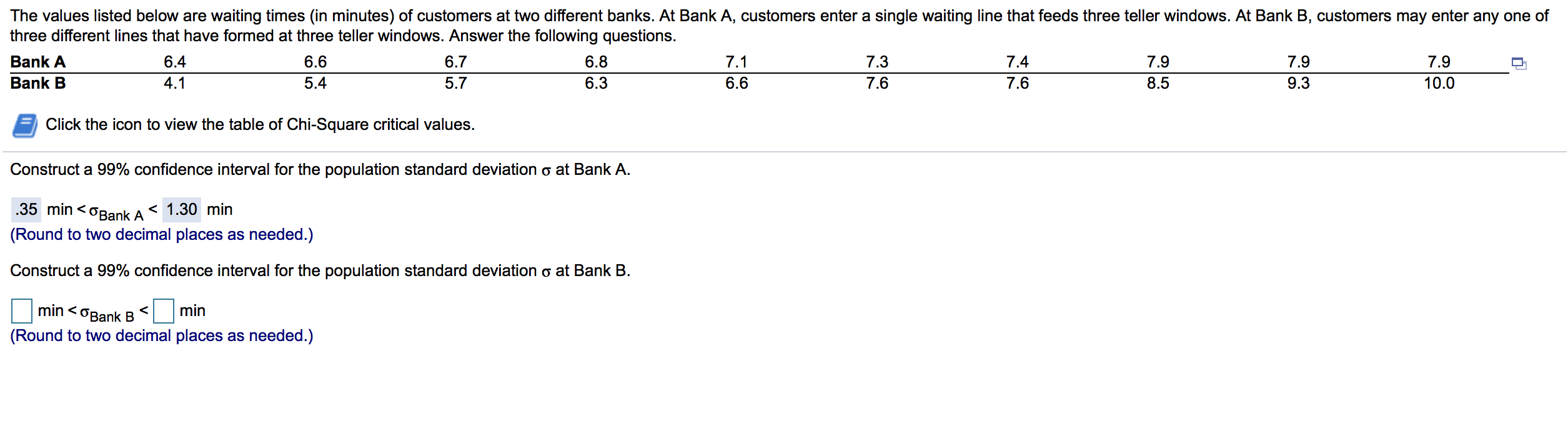 The values listed below are waiting times (in minutes) of customers at two different banks. At Bank A, customers enter a single waiting line that feeds three teller windows. At Bank B, customers may enter any one of
three different lines that have formed at three teller windows. Answer the following questions.
Bank A
6.4
6.6
6.7
6.8
7.1
7.3
7.4
7.9
7.9
7.9
Bank B
4.1
5.4
5.7
6.3
6.6
7.6
7.6
8.5
9.3
10.0
Click the icon to view the table of Chi-Square critical values.
Construct a 99% confidence interval for the population standard deviation o at Bank A.
35 min <OBank A
< 1.30 min
(Round to two decimal places as needed.)
Construct a 99% confidence interval for the population standard deviation o at Bank B.
min <
min
<OBank B<
(Round to two decimal places as needed.)
