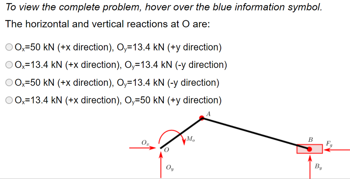 To view the complete problem, hover over the blue information symbol.
The horizontal and vertical reactions at O are:
Ox=50 kN (+x direction), Oy=13.4 kN (+y direction)
Ox=13.4 kN (+x direction), Oy=13.4 kN (-y direction)
Ox=50 kN (+x direction), Oy=13.4 kN (-y direction)
© Ox=13.4 kN (+x direction), Oy=50 kN (+y direction)
A
M.
B
By
Fa