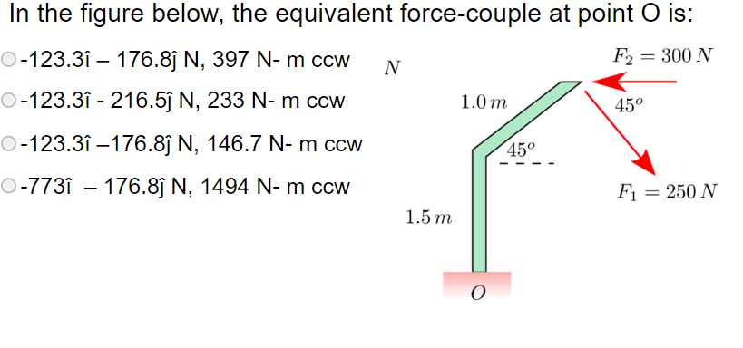 In the figure below, the equivalent force-couple at point O is:
O-123.3î – 176.8ĵ N, 397 N- m ccw
F2 = 300 N
N
O-123.3î - 216.5ĵ N, 233 N- m ccw
1.0 т
45°
O-123.3î –176.8ĵ N, 146.7 N- m ccw
45°
O-773î – 176.8ĵ N, 1494 N- m ccw
F = 250 N
1.5 m
