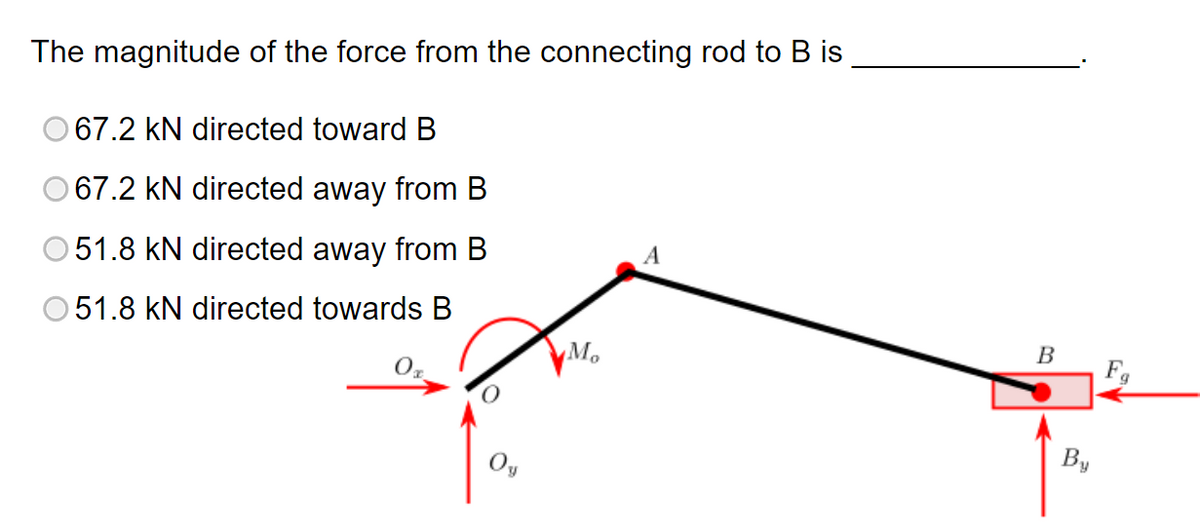 The magnitude of the force from the connecting rod to B is
© 67.2 kN directed toward B
67.2 kN directed away from B
51.8 kN directed away from B
A
51.8 kN directed towards B
Mo
B
By
Fg