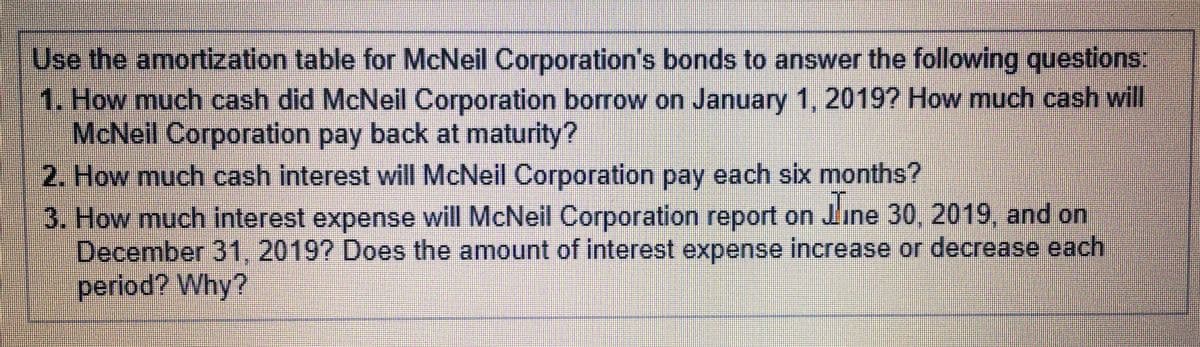 Use the amortization table for McNeil Corporation's bonds to answer the following questions:
1. How much cash did McNeil Corporation borrow on January 1, 2019? How much cash will
McNeil Corporation pay back at maturity?
2. How much cash interest will McNeil Corporation pay each six months?
3. How much interest expense will McNeil Corporation report on Jline 30, 2019, and on
December 31,2019? Does the amount of interest expense increase or decrease each
period? Why?
