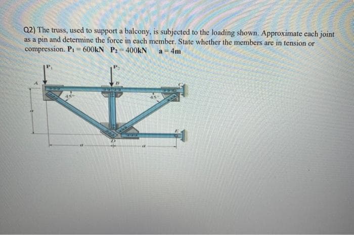 Q2) The truss, used to support a balcony, is subjected to the loading shown. Approximate each joint
as a pin and determine the force in each member. State whether the members are in tension or
compression. P₁= 600kN P2=400kN
a = 4m
KR