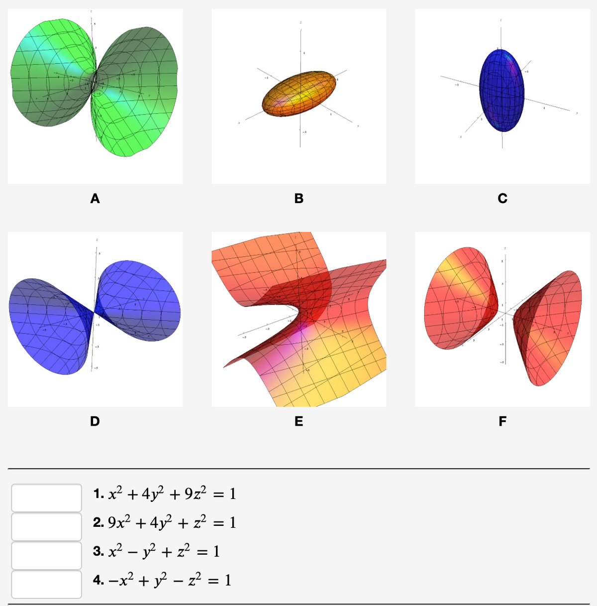 A
E
F
1. x2 + 4y? + 9z? = 1
2. 9x? + 4y? + z? = 1
3. x2 – y + z? = 1
4. –x? + y? – z? = 1
