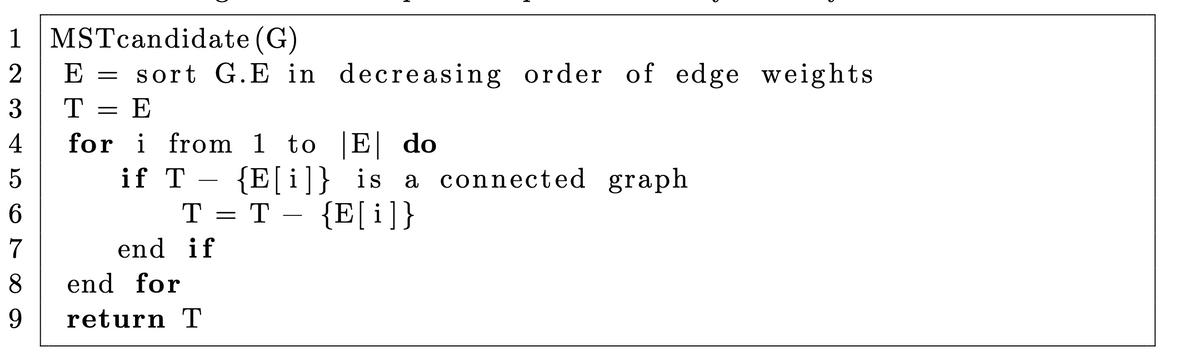 1 MSTcandidate (G)
2
E
sort G.E in decreasing order of edge weights
3
E
4
for i from 1 to |E| do
{E[i]} is a connected graph
{E[i]}
5
if T -
T
-
7
end if
8
end for
9
return T
