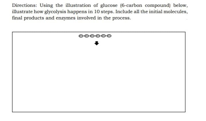 Directions: Using the illustration of glucose (6-carbon compound) below,
illustrate how glycolysis happens in 10 steps. Include all the initial molecules,
final products and enzymes involved in the process.
ooo0