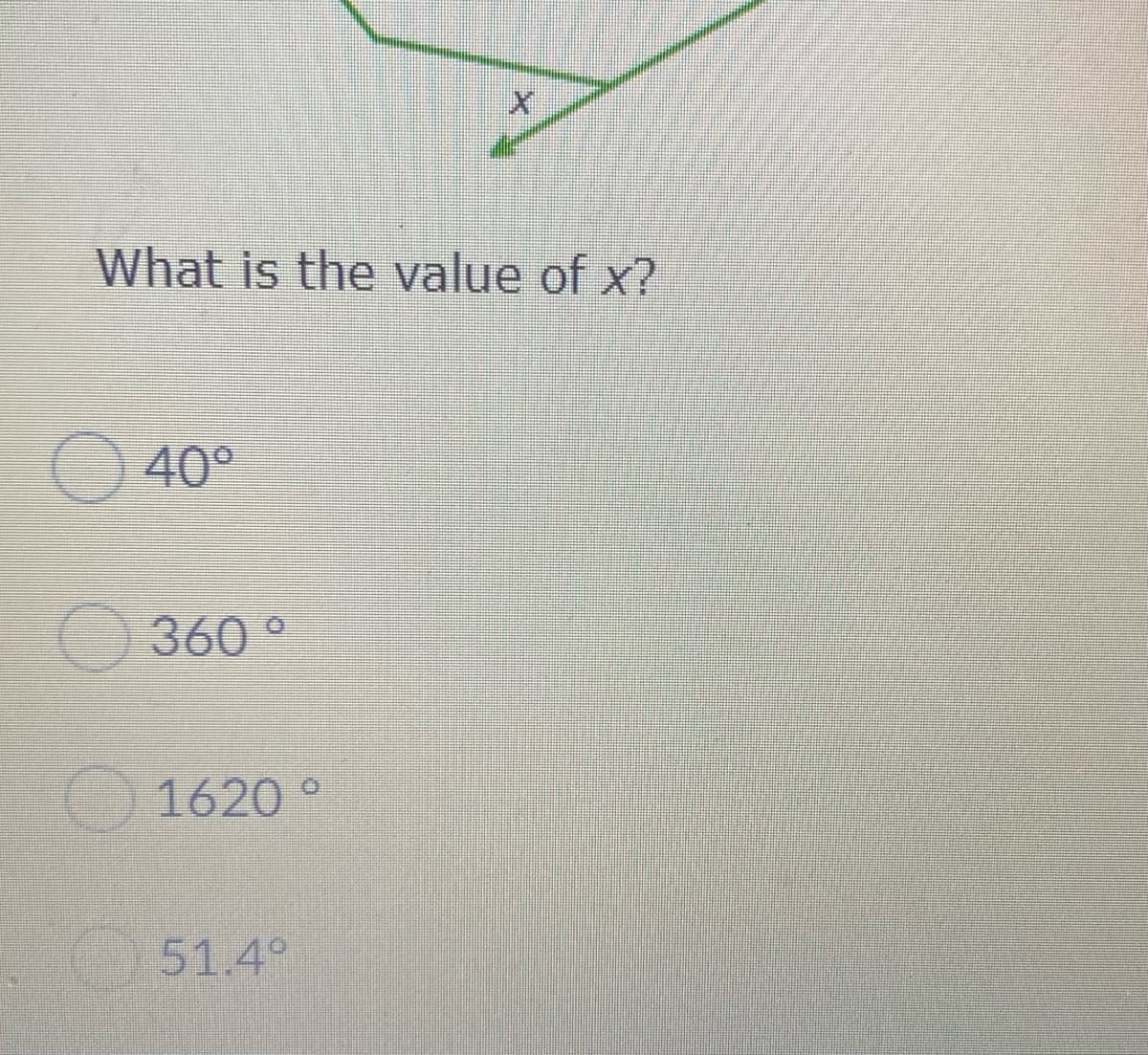 What is the value of x?
40°
360 °
1620 °
51.4°
