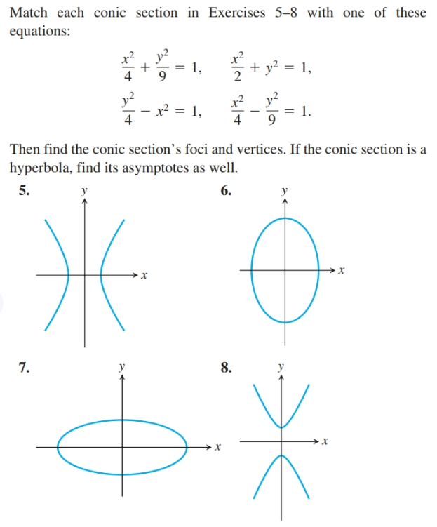 Match each conic section in Exercises 5-8 with one of these
equations:
5 + y? = 1,
1,
y?
x = 1,
y2
1.
x2
4
Then find the conic section's foci and vertices. If the conic section is a
hyperbola, find its asymptotes as well.
5.
6.
х
7.
8.
х
||
