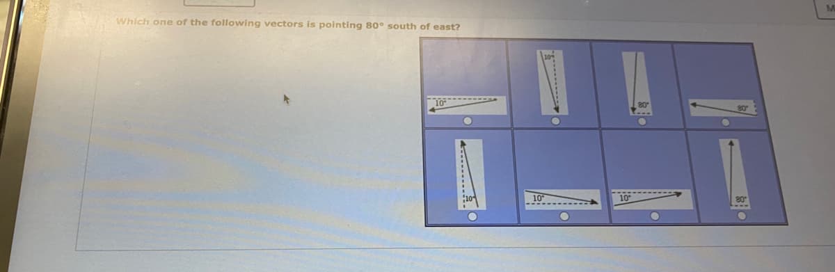 Which one of the following vectors is pointing 80° south of east?
80°