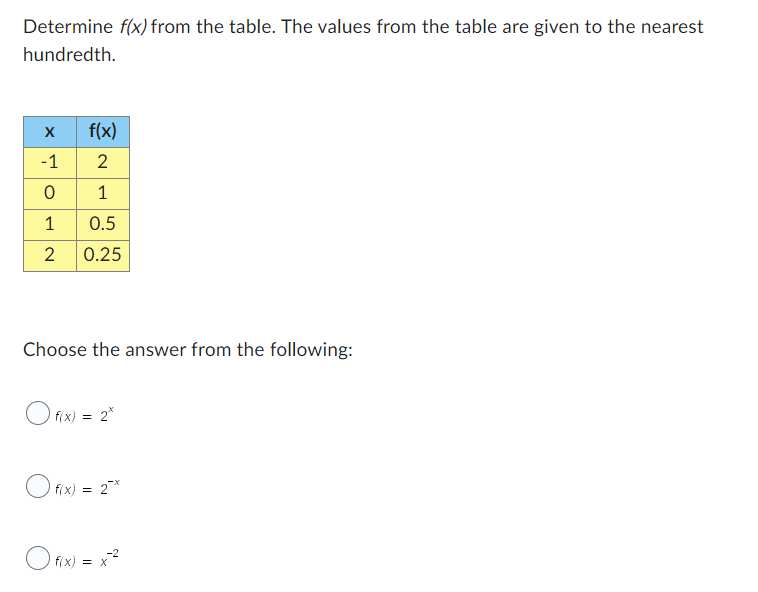 Determine f(x) from the table. The values from the table are given to the nearest
hundredth.
X
-1
0
1
2
f(x)
2
1
0.5
0.25
Choose the answer from the following:
Of(x) = 2*
Of(x) = 2x
O f(x) = x²