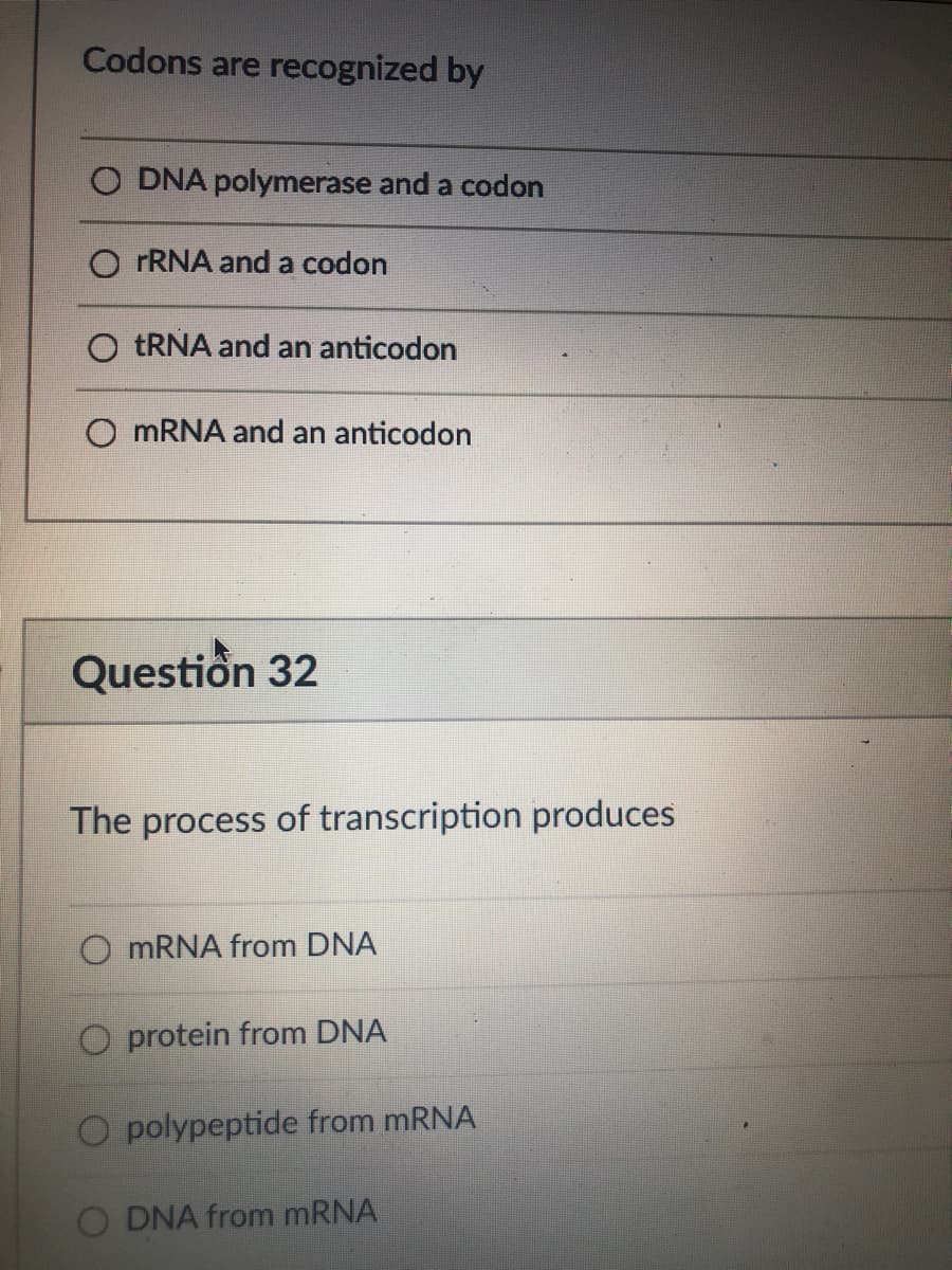 Codons are recognized by
O DNA polymerase and a codon
FRNA and a codon
TRNA and an anticodon
MRNA and an anticodon
Question 32
The process of transcription produces
O MRNA from DNA
O protein from DNA
O polypeptide from mRNA
O DNA from MRNA
