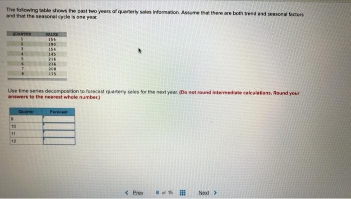 The following table shows the past two years of quarterly sales information. Assume that there are both trend and seasonal factors
and that the seasonal cycle is one year.
QUARTER
SALES
154
190
154
145
216
236
208
175
Use time series decomposition to forecast quarterly sales for the next year. (Do not round intermediate calculations. Round your
answers to the nearest whole number.)
Quarter
Forecest
19
10
11
12
< Prev
8 of 15
Next >

