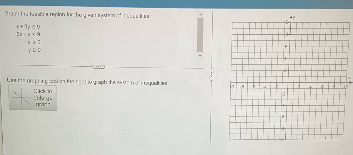 Graph the feasible region for the given system of inequalities.
X+3y s 9
3x + y s 9
x 2 0
y 2 0
Use the graphing tool on the right to graph the system of inequalities.
to
Click to
enlarge
graph
