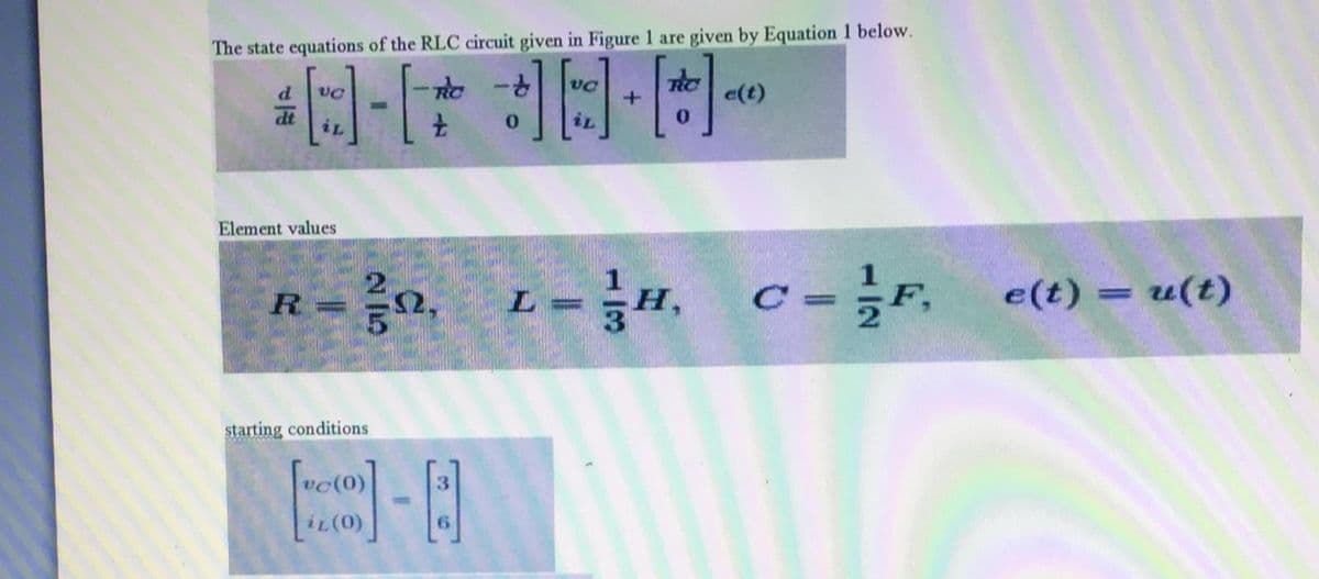 The state equations of the RLC circuit given in Figure 1 are given by Equation 1 below.
d
e(t)
0.
dt
iL
Element values
-o. L-u. c-r.
R
C
e(t) = u(t)
%3D
%3|
starting conditions
iL(0)
6.
