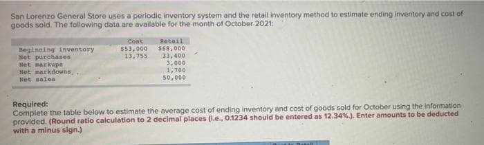 San Lorenzo General Store uses a periodic inventory system and the retail inventory method to estimate ending inventory and cost of
goods sold. The following data are available for the month of October 2021:
Cost
Beginning inventory
Retail
$68,000
$53,000
13,755
33,400
Net purchases
Net markupa
3,000
Net markdowns..
Net sales
1,700
50,000
Required:
Complete the table below to estimate the average cost of ending inventory and cost of goods sold for October using the information
provided. (Round ratio calculation to 2 decimal places (i.e., 0.1234 should be entered as 12.34%.). Enter amounts to be deducted
with a minus sign.)