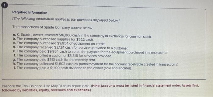 Required Information
[The following information applies to the questions displayed below]
The transactions of Spade Company appear below.
a. K. Spade, owner, Invested $18,000 cash in the company in exchange for common stock.
b. The company purchased supplies for $522 cash.
c. The company purchased $9,954 of equipment on credit.
d. The company received $2,124 cash for services provided to a customer.
e. The company paid $9,954 cash to settle the payable for the equipment purchased in transaction c.
1. The company billed a customer $3,816 for services provided.
g. The company paid $510 cash for the monthly rent.
h. The company collected $1,603 cash as partial payment for the account receivable created in transaction f
1. The company paid a $1,100 cash dividend to the owner (sole shareholder).
Prepare the Trial Balance, Use May 31 as its report date. (Hint: Accounts must be listed in financial statement order: Assets first,
followed by liabilities, equity, revenues and expenses.)