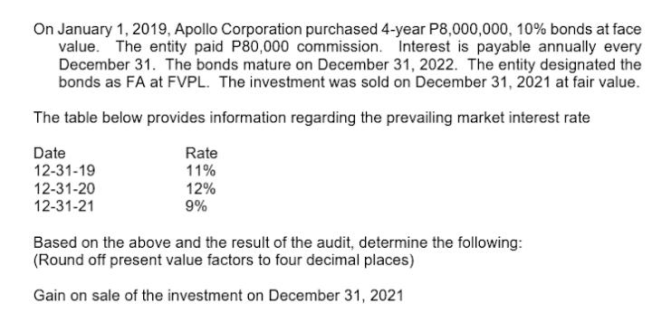 On January 1, 2019, Apollo Corporation purchased 4-year P8,000,000, 10% bonds at face
value. The entity paid P80,000 commission. Interest is payable annually every
December 31. The bonds mature on December 31, 2022. The entity designated the
bonds as FA at FVPL. The investment was sold on December 31, 2021 at fair value.
The table below provides information regarding the prevailing market interest rate
Date
Rate
12-31-19
11%
12-31-20
12-31-21
12%
9%
Based on the above and the result of the audit, determine the following:
(Round off present value factors to four decimal places)
Gain on sale of the investment on December 31, 2021
