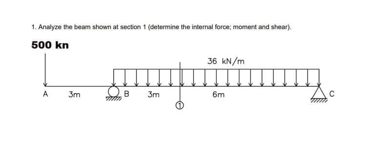 1. Analyze the beam shown at section 1 (determine the internal force; moment and shear).
500 kn
36 kN/m
A
3m
3m
6m
