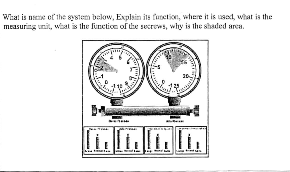 What is name of the system below, Explain its function, where it is used, what is the
measuring unit, what is the function of the secrews, why is the shaded area.
10
15
A
-11
110
FE
Bats Presc
Alta Pressal
Asta Press-as
de epis
nhan
Longs Bured Cars
Logo Bel Cano
Pi
L
20