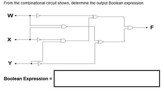 From the combinational circuit shown, determine the output Boolean expression
• F
Y.
Boolean Expression =
