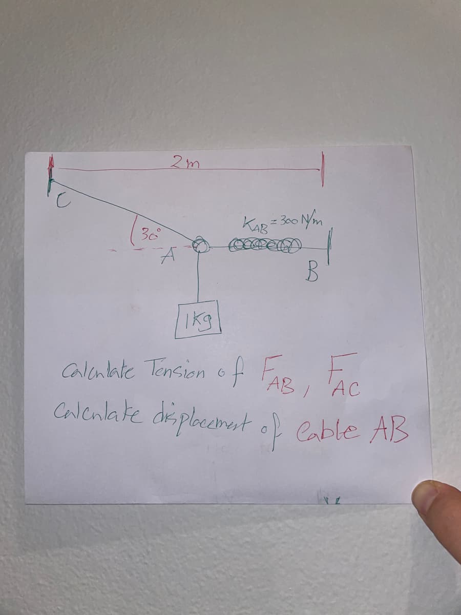 2m
Kag = 300 Nm
36°
Ikg
Calanlate Tension of FAR, t
Calenlake displbeemst of Cable AB
AB
'AC
C.
