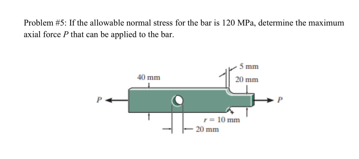 Problem #5: If the allowable normal stress for the bar is 120 MPa, determine the maximum
axial force P that can be applied to the bar.
5 mm
40 mm
20 mm
r= 10 mm
20 mm
