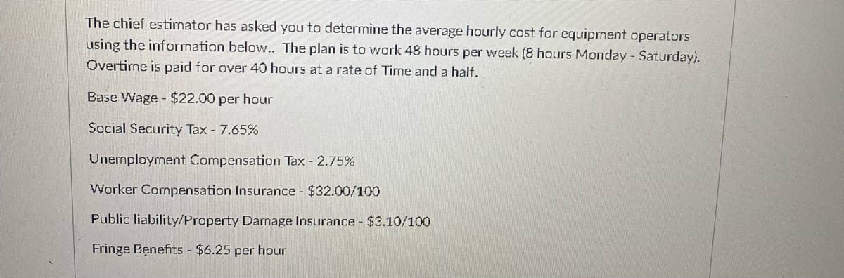 The chief estimator has asked you to determine the average hourly cost for equipnent operators
using the information below.. The plan is to work 48 hours per week (8 hours Monday - Saturday).
Overtime is paid for over 40 hours at a rate of Tirme and a half.
Base Wage - $22.00 per hour
Social Security Tax - 7.65%
Unermployment Compensation Tax - 2.75%
Worker Compensation Insurance $32.00/100
Public liability/Property Damage Insurance $3.10/100
Fringe Benefits $6.25 per hour
