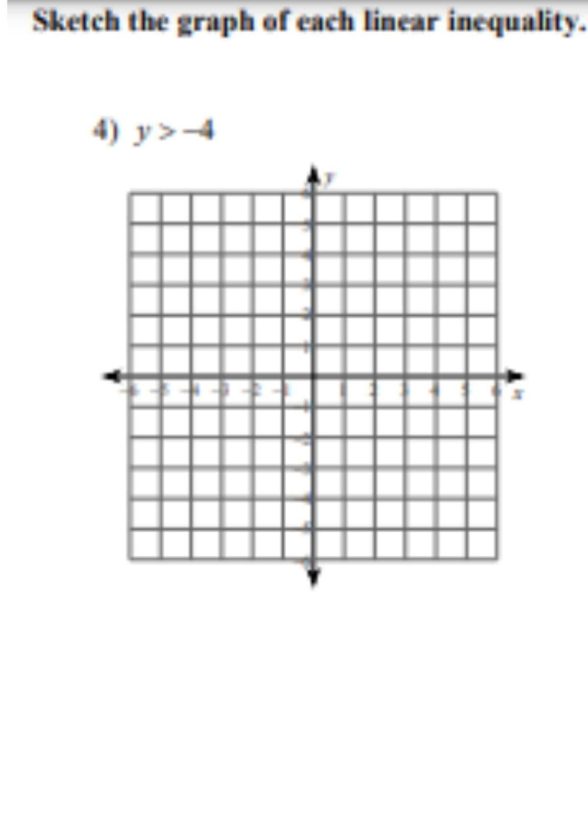 Sketch the graph of each linear inequality.
4) y>-4
