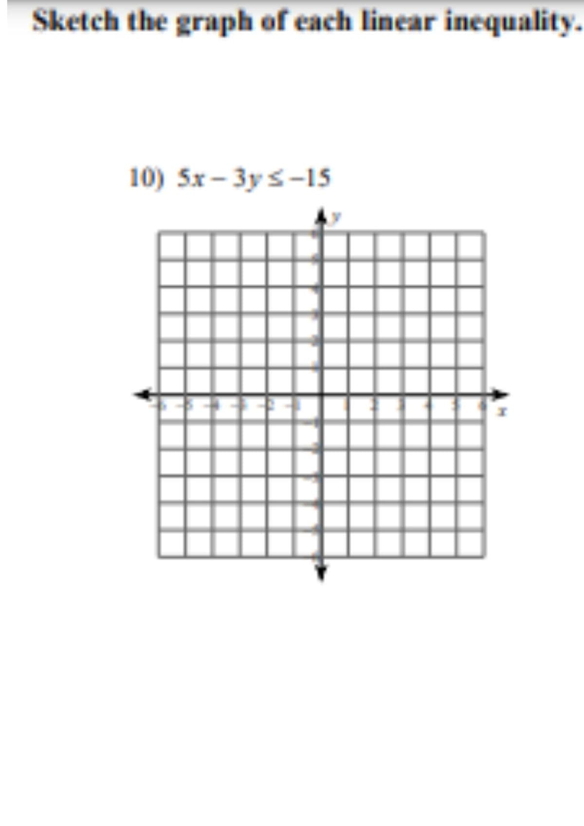 Sketch the graph of each linear inequality.
10) 5x - 3y s-15
