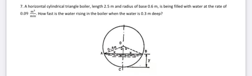 7. A horizontal cylindrical triangle boiler, length 2.5 m and radius of base 0.6 m, is being filled with water at the rate of
0.09
min
.How fast is the water rising in the boiler when the water is 0.3 m deep?
