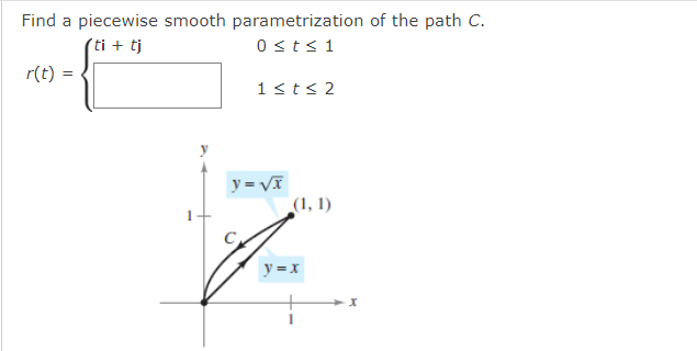 Find a piecewise smooth parametrization of the path C.
(ti + tj
0 sts 1
r(t) =
1st< 2
y = VI
(1, 1)
y = x
