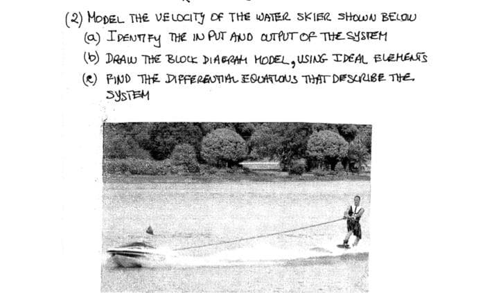 (2) MODEL THE VELOCITY OF THE WATER SKIER SHOWN BELOW
(a) IDENTIFY THE IN PUT AND OUTPUT OF THE SYSTEM
(b) DRAW THE BLOCK DIAGRAM MODEL, USING IDEAL ELEMENTS
(e) FIND THE DIFFERENTIAL EQUATIONS THAT DESCRIBE THE
SYSTEM