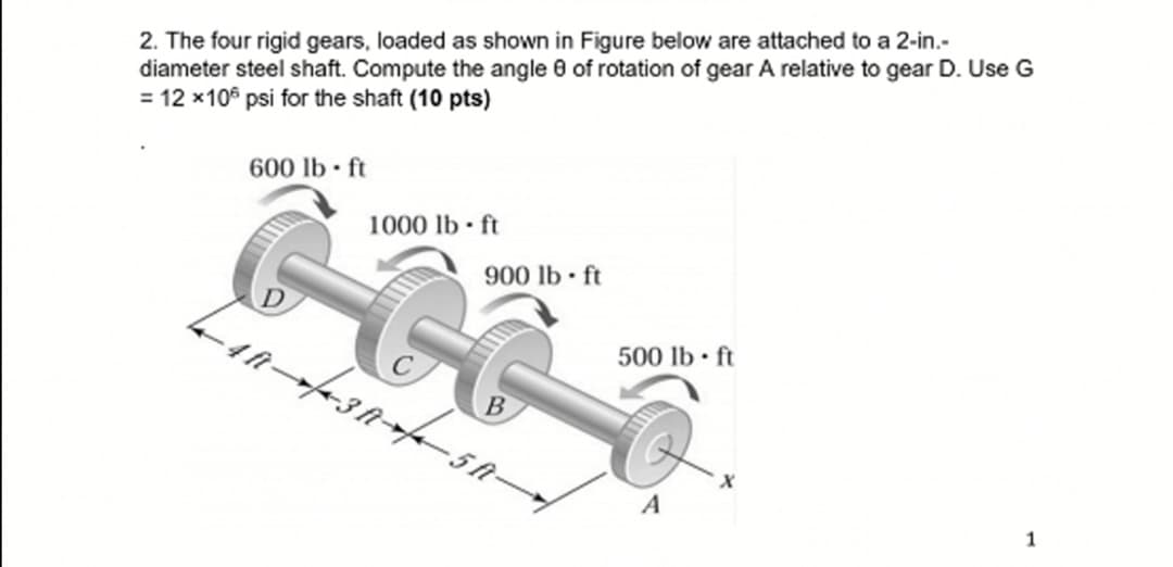 2. The four rigid gears, loaded as shown in Figure below are attached to a 2-in.-
diameter steel shaft. Compute the angle 0 of rotation of gear A relative to gear D. Use G
= 12 x10° psi for the shaft (10 pts)
600 lb - ft
1000 lb ft
900 lb ft
500 lb · ft
B
- 5 ft-
A
1
