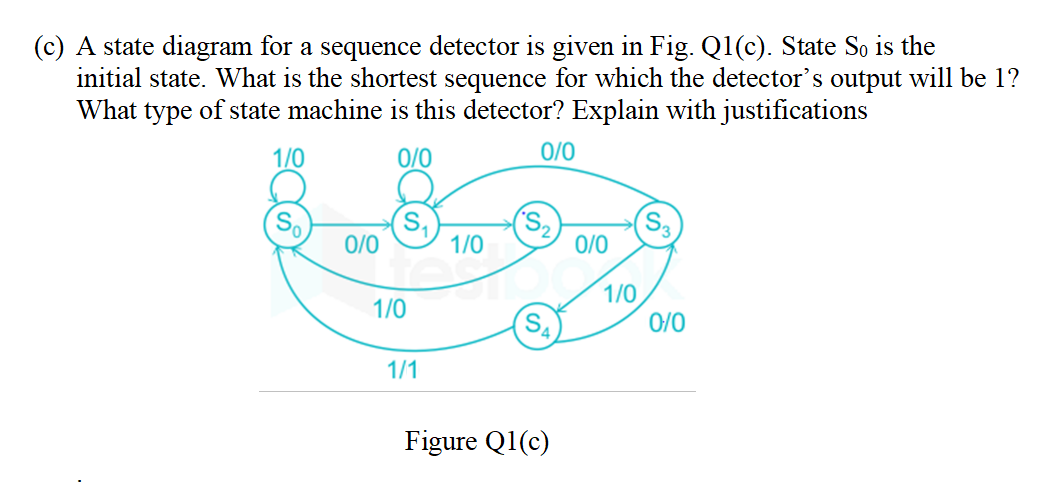 (c) A state diagram for a sequence detector is given in Fig. Q1(c). State So is the
initial state. What is the shortest sequence for which the detector's output will be 1?
What type of state machine is this detector? Explain with justifications
0/0
1/0
0/0
S
S₂
0/0
1/0
1/0
1/1
S₂
SA
Figure Q1(c)
0/0
1/0
0/0
