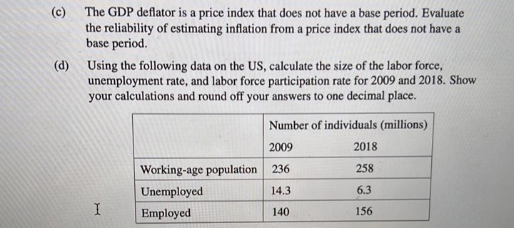 The GDP deflator is a price index that does not have a base period. Evaluate
the reliability of estimating inflation from a price index that does not have a
base period.
(c)
(d)
Using the following data on the US, calculate the size of the labor force,
unemployment rate, and labor force participation rate for 2009 and 2018. Show
your calculations and round off your answers to one decimal place.
Number of individuals (millions)
2009
2018
Working-age population 236
258
Unemployed
14.3
6.3
Employed
140
156
