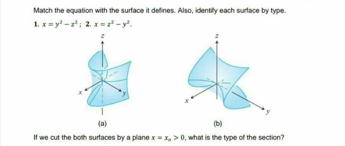 Match the equation with the surface it defines. Also, identify each surface by type.
1. x = y? - z2; 2. x = z2 – y?.
(a)
(b)
If we cut the both surfaces by a plane x x, > 0, what is the type of the section?
