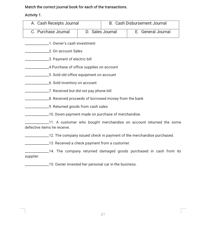 Match the correct journal book for each of the transactions.
Activity 1.
A. Cash Receipts Journal
B. Cash Disbursement Journal
C. Purchase Journal
D. Sales Journal
E. General Journal
_1. Owner's cash investment
_2. On account Sales
3. Payment of electric bill
_4.Purchase of office supplies on account
_5. Sold old office equipment on account
_6. Sold inventory on account
_7. Received but did not pay phone bill
_8. Received proceeds of borrowed money from the bank
_9. Returned goods from cash sales
10. Down payment made on purchase of merchandise.
_11. A customer who bought merchandise on account returned the some
defective items he receive.
_12. The company issued check in payment of the merchandise purchased.
_13. Received a check payment from a customer.
_14. The company returned damaged goods purchased in cash from its
supplier.
15. Owner invested her personal car in the business.
21
