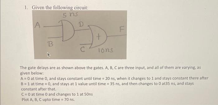 1. Given the following circuit:
5 ns
D.
1ons
The gate delays are as shown above the gates. A, B, C are three input, and all of them are varying, as
given below:
A = 0 at time 0, and stays constant until time = 20 ns, when it changes to 1 and stays constant there after
B = 1 at time = 0, and stays at 1 value until time = 35 ns, and then changes to 0 at35 ns, and stays
constant after that.
!3!
%3D
C= 0 at time 0 and changes to 1 at 50ns
Plot A, B, C upto time = 70 ns.
