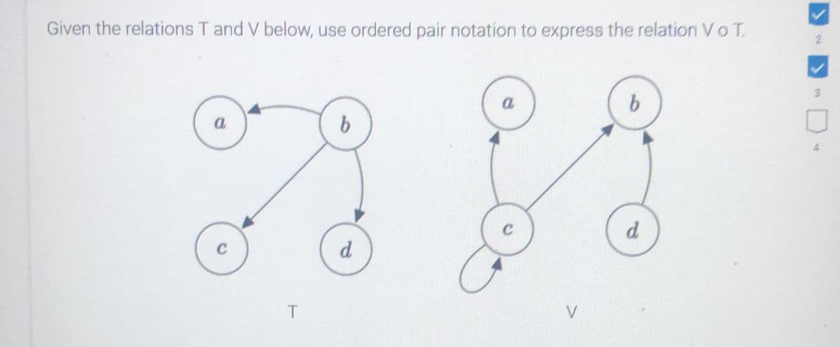 Given the relations T and V below, use ordered pair notation to express the relation Vo T.
a.
a
d.
d.
