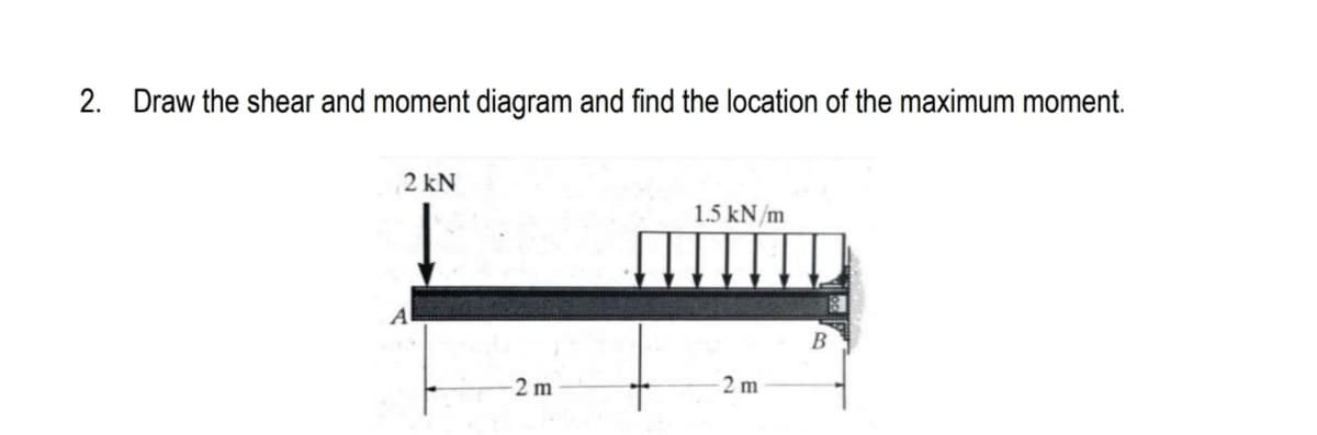2. Draw the shear and moment diagram and find the location of the maximum moment.
2 kN
1.5 kN/m
B
-2 m
2 m

