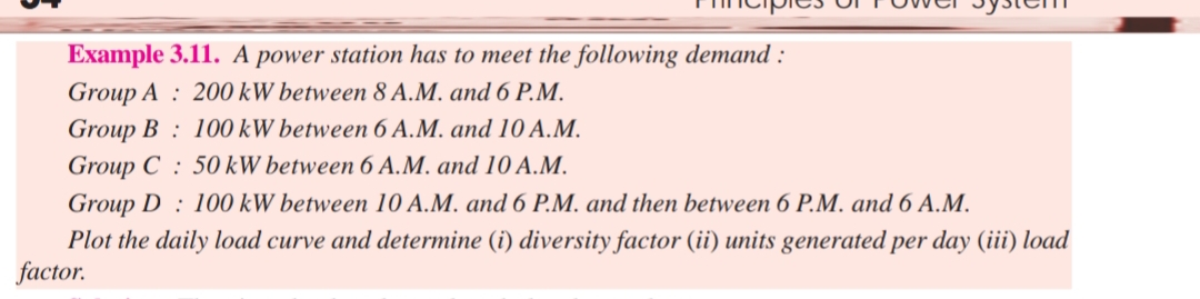 Example 3.11. A power station has to meet the following demand :
Group A : 200 kW between 8 A.M. and 6 P.M.
Group B : 100 kW between 6 A.M. and 10 A.M.
Group C : 50 kW between 6 A.M. and 10 A.M.
Group D : 100 kW between 10 A.M. and 6 P.M. and then between 6 P.M. and 6 A.M.
Plot the daily load curve and determine (i) diversity factor (ii) units generated per day (iii) load
factor.
