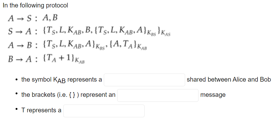 In the following protocol
A → S : A,B
S-A: (Ts.L, КАВ. В, (Ts. L, КАв- А)кклS
А- В: (Ts.L,КАВ- А]кg (А, ТА]Ка
B → A : {Ta+1}k,B
AB•
• the symbol KAB represents a
shared between Alice and Bob
• the brackets (i.e. { } ) represent an
message
T represents a
