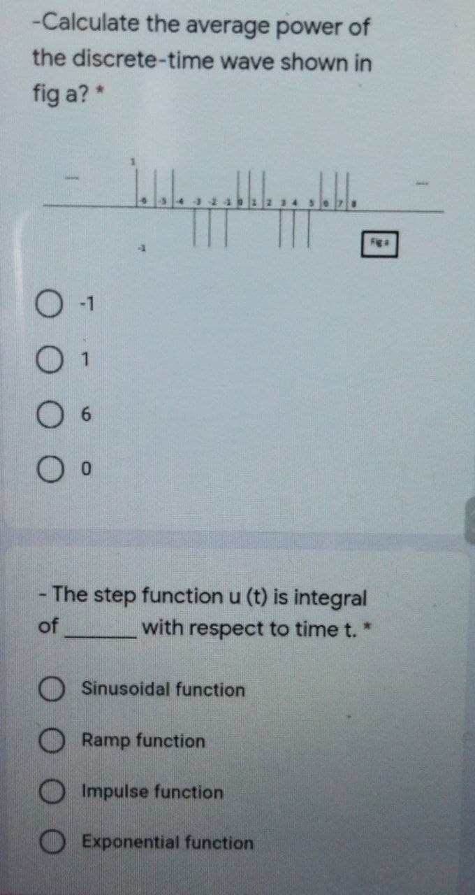 -Calculate the average power of
the discrete-time wave shown in
fig a? *
Fig a
6.
- The step function u (t) is integral
of
with respect to time t.
Sinusoidal function
O Ramp function
Impulse function
O Exponential function
