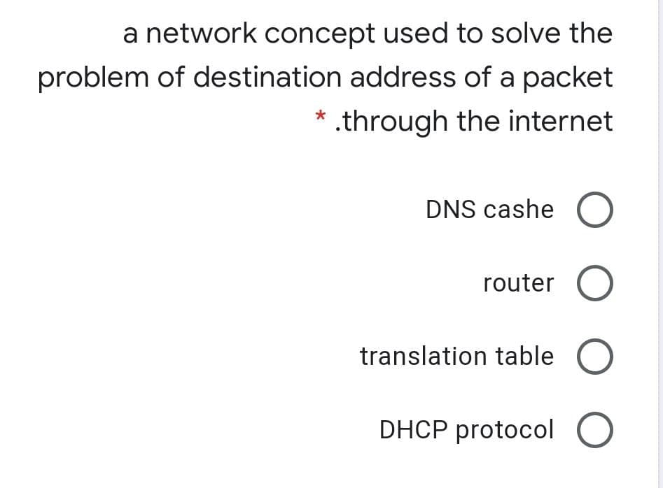 a network concept used to solve the
problem of destination address of a packet
* .through the internet
DNS cashe O
router O
translation table O
DHCP protocol O
