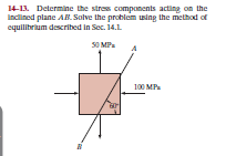 14-13. Determine the strow components acting on the
Inclined plane AB. Salve the problem uing the method of
equilibrium described in Sec. 14.1
S0 MP
100 MP
