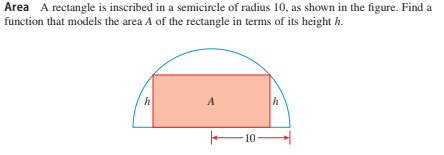 Area A rectangle is inscribed in a semicircle of radius 10, as shown in the figure. Find a
function that models the area A of the rectangle in terms of its height h.
A
h
F10

