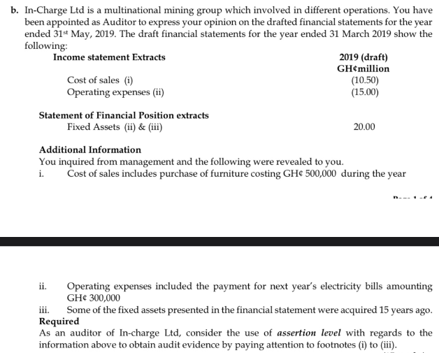 b. In-Charge Ltd is a multinational mining group which involved in different operations. You have
been appointed as Auditor to express your opinion on the drafted financial statements for the year
ended 31* May, 2019. The draft financial statements for the year ended 31 March 2019 show the
following:
Income statement Extracts
2019 (draft)
GH¢million
Cost of sales (i)
Operating expenses (ii)
(10.50)
(15.00)
Statement of Financial Position extracts
Fixed Assets (ii) & (iii)
20.00
Additional Information
You inquired from management and the following were revealed to you.
i.
Cost of sales includes purchase of furniture costing GH¢ 500,000 during the year
ii.
Operating expenses included the payment for next year's electricity bills amounting
GH¢ 300,000
ii.
Some of the fixed assets presented in the financial statement were acquired 15 years ago.
Required
As an auditor of In-charge Ltd, consider the use of assertion level with regards to the
information above to obtain audit evidence by paying attention to footnotes (i) to (iii).
