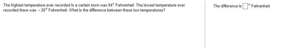 The highest temperature ever recorded in a certain town was 94° Fahrenheit. The lowest temperature ever
recorded there was -20° Fahrenheit. What is the difference between these two temperatures?
The difference is Fahrenheit.