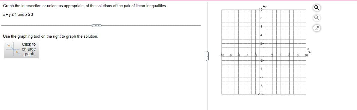 Graph the intersection or union, as appropriate, of the solutions of the pair of linear inequalities.
x+y≤4 and x 23
Use the graphing tool on the right to graph the solution.
Click to
enlarge
graph
-8
Ay
10-
B
10
Q
Q
G