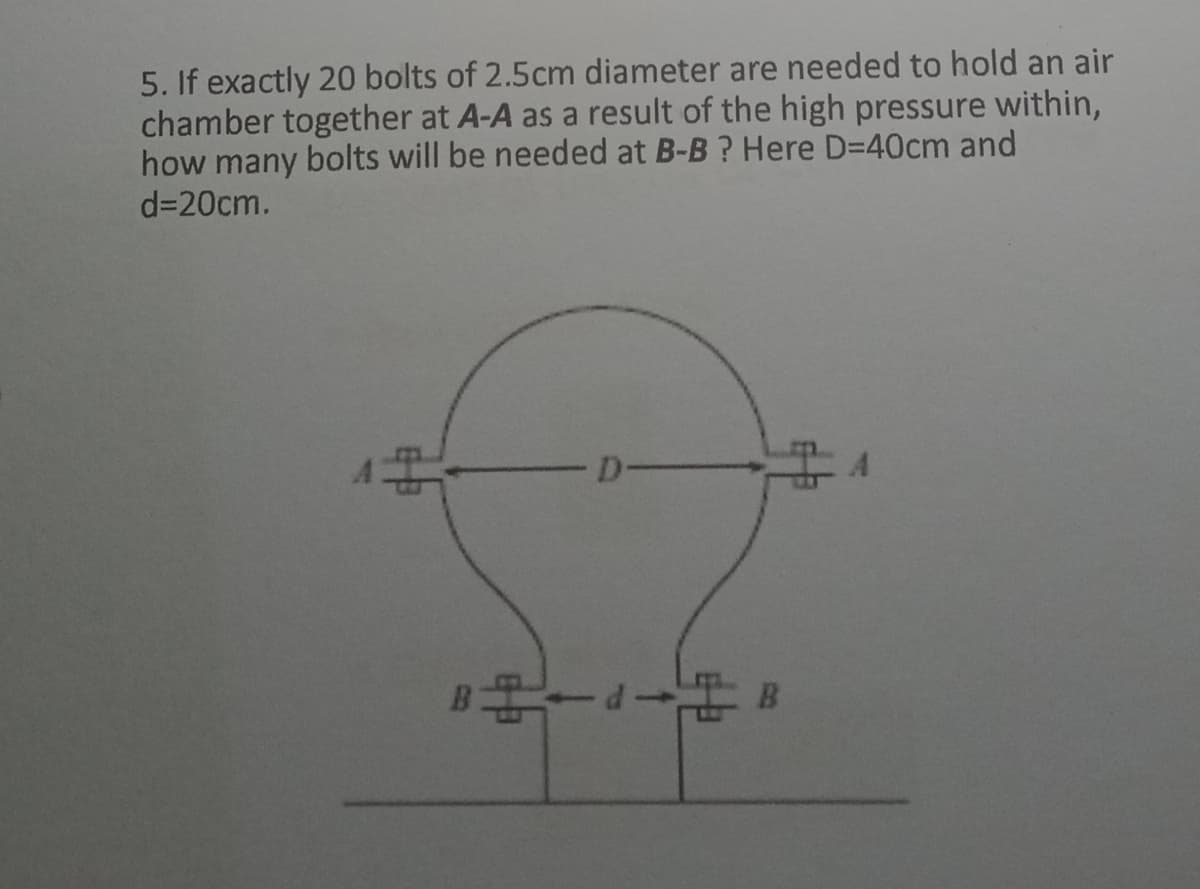 5. If exactly 20 bolts of 2.5cm diameter are needed to hold an air
chamber together at A-A as a result of the high pressure within,
how many bolts will be needed at B-B ? Here D=40cm and
d=20cm.
