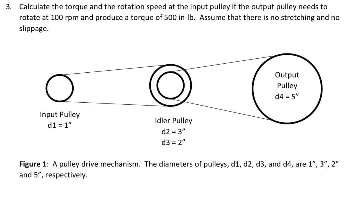3. Calculate the torque and the rotation speed at the input pulley if the output pulley needs to
rotate at 100 rpm and produce a torque of 500 in-lb. Assume that there is no stretching and no
slippage.
Output
Pulley
d4 = 5"
Input Pulley
Idler Pulley
d1 = 1"
d2 = 3"
d3 = 2"
Figure 1: A pulley drive mechanism. The diameters of pulleys, d1, d2, d3, and d4, are 1", 3", 2"
and 5", respectively.
